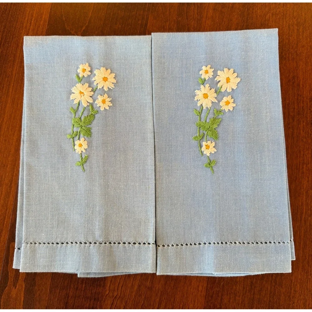 Vintage Blue Linen Guest Hand Towels Set of 2 Embroidered Daisies Hemstitch